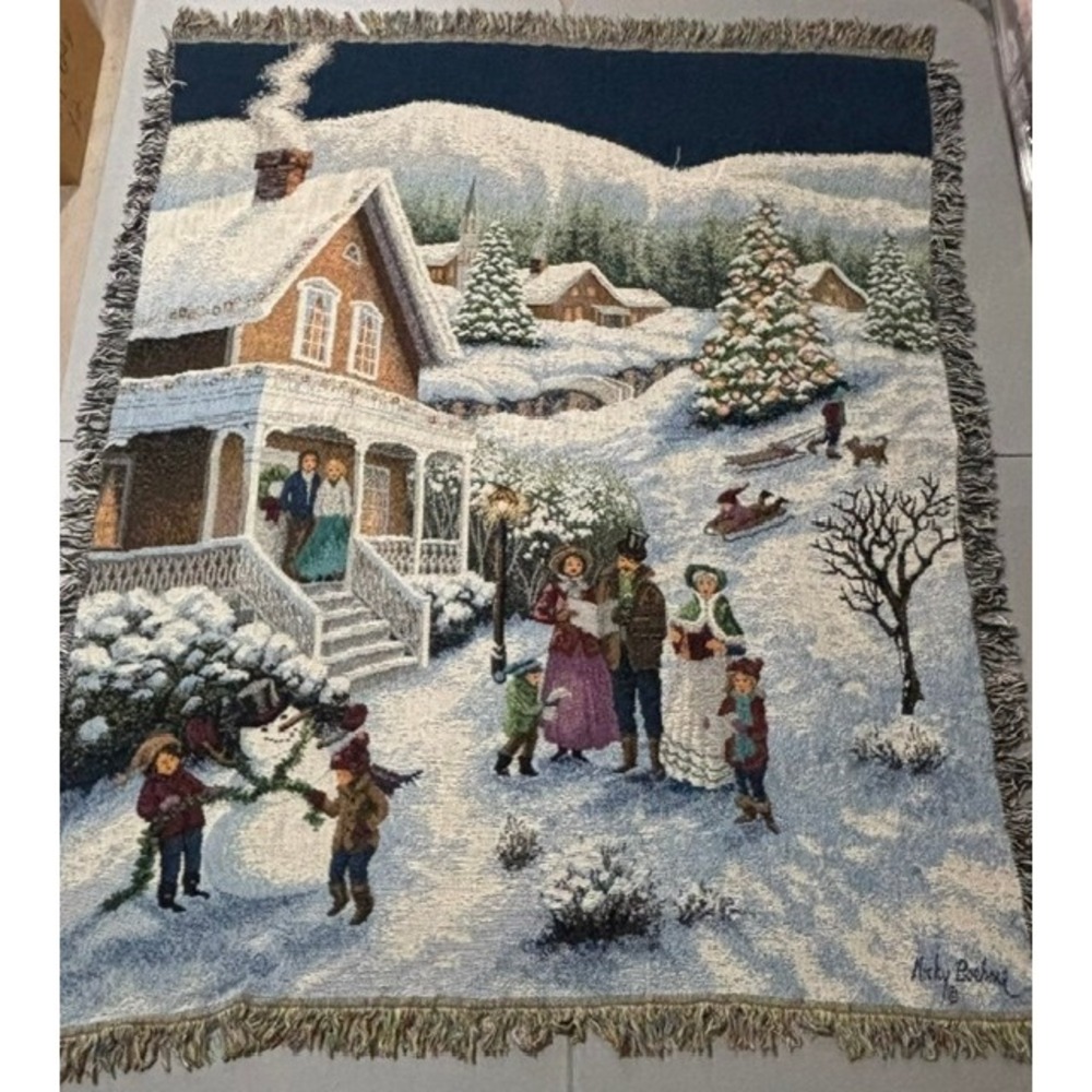 Nicky Boehme Christmas Carolers Woven Tapestry Throw Blanket Fringed Winter